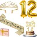 12th Birthday Decorations for Girls Gold with 12th Birthday Sash and Tiara, Candles and Cake Toppers, Number Balloons, 12 Year Old Gifts for Girl