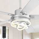 52" Modern Ceiling Fans with Lights,Silver Chandelier Fan with 6-Speed Dimmable LED and Quiet Reversible DC Motor,Rustic Fandelier Ceiling Fan with 5 Dual Finish Blades for Bedroom Living Room