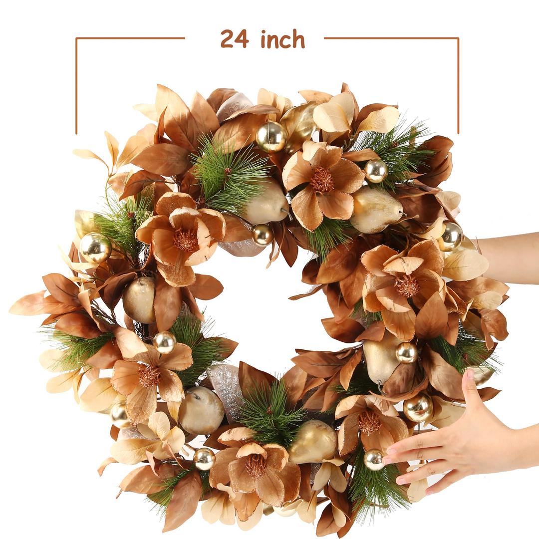 BINFEN 24" Winter Wreaths for Front Door, Gold-Brown Leaves Balls Pears Magnolia Flowers Christmas Wreath, Door Reef for Windows Fireplaces Walls, Front Porch Indoor and Outdoor Decor