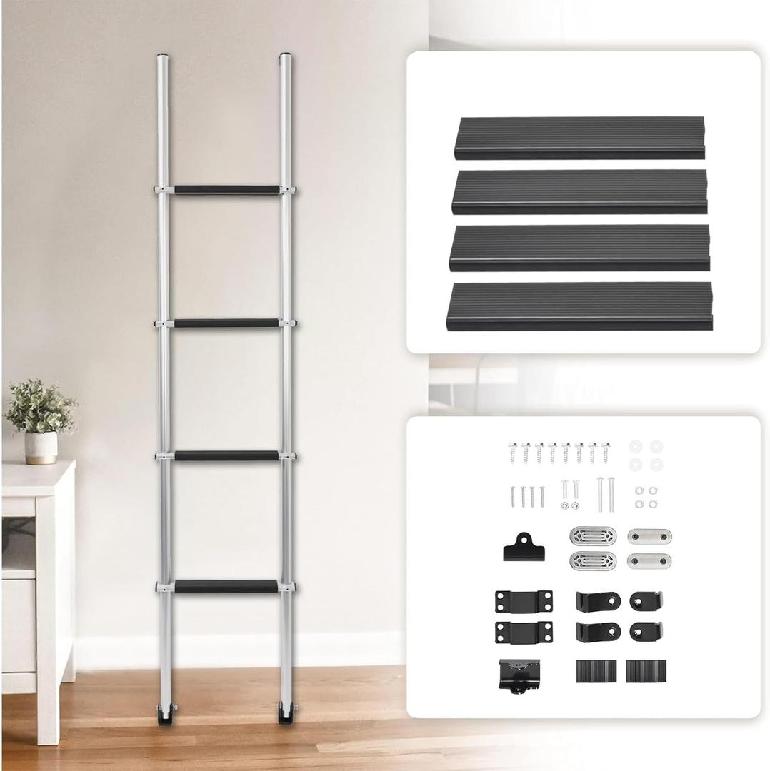 ECOTRIC 60" Bunk Bed Ladder Compatible with RV Mount Boarding W/Hook & Rubber Foot Pads, Camper Travel Trailer Bed Step, 4 Anti-Slip Step, Aluminum Portable Safety Home