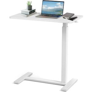 Height Adjustable Overbed Table, Pneumatic Bedside Desk with Hidden Casters, Rolling Laptop Computer Table, Movable Standing Desk for Home, Office, and Hospital, White