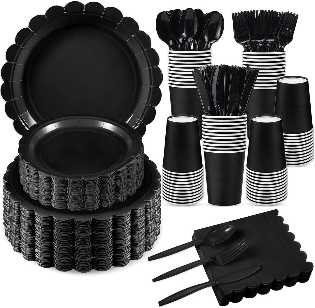350 Pcs Black Paper Plates and Napkins, 25 Guest Black Party Supplies Includes Scalloped Party Plates Napkins Cups Plastic Spoons Forks Knives for Birthday, Wedding