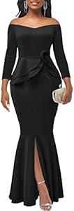 Elegant Evening Prom Gown Maxi Dresses for Women HOT Sexy Off Shoulder Long Sleeve Formal Bodycon Split Long Cocktail Party Dress,539Black XX-Large