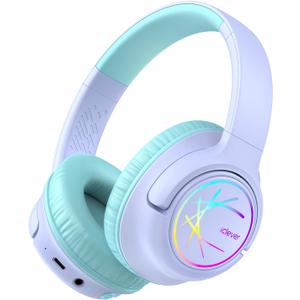 iClever Kids Bluetooth Headphones with LED Lights, BTH18 Safe Volume 74/85dBA, 43H Playtime, Bluetooth5.3 Kids Headphones Wireless Aux Cord for iPad/Tablet/Travel/School, Purple