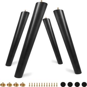 FoDau770 Black Rubber Wood Furniture Legs 16 Inches, Slant Tapered Wood Feet Mid Century Table Legs Set of 4, 5/16" UNC Screw-in Furniture Feet - Max Leg Diameter 2.3"