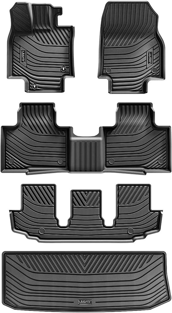 LASFIT Floor Mats&Trunk Mats for Toyota Highlander 8 Seats 2020-2025 2026 (Not for Hybrid), All Weather TPE Floor Liner & Cargo mats for HighlanderFront&Rear 4 Rows mats. (Black)