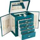 KAMIER Jewelry Box for Women, 6-Layer Large Jewelry Organizer Box with Mirror & 5 Drawers for Rings, Earrings, Necklaces, Bracelets,Velvet Peacock Blue