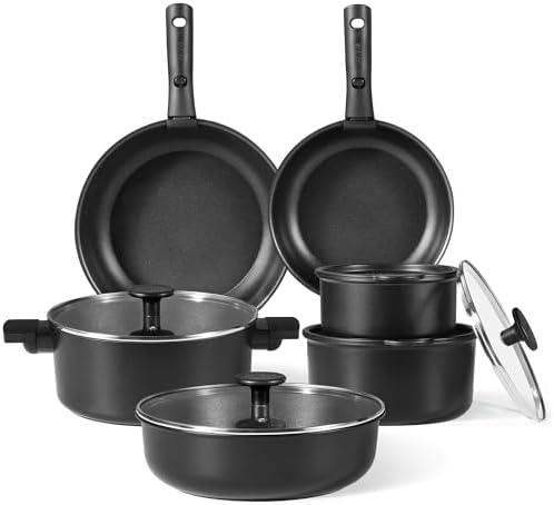 CAROTE 11pcs Pots and Pans Set Non Stick, Cookware Set Detachable Handle, Nonstick Induction Kitchen Cookware Non Stick with Removable Handle, RV Cookware Set, Oven Safe Cook Ware Set, Black
