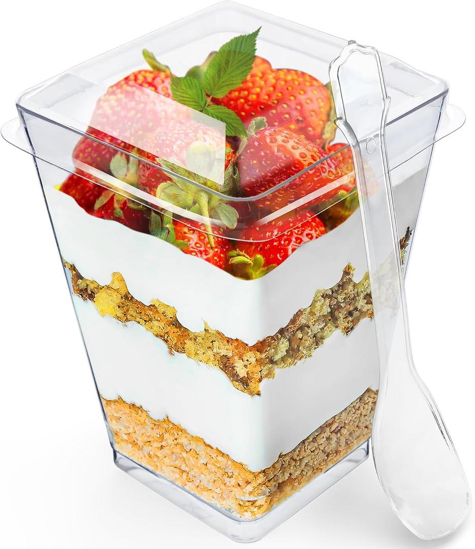 100 Pack 5 oz Dessert Cups with Lids and Spoons Plastic Parfait Cups for Appetizer and Desserts be it, Mousse, Tiramisu, Pudding, or salads - Perfect for Parties