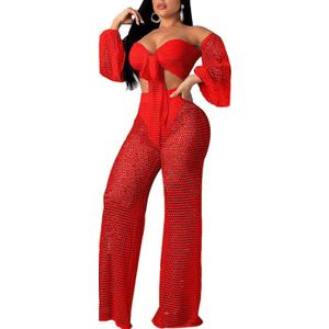 Sexy Cover Ups for Swimwear Vacation Off The Shoulder Top Long Pants Bikini Cover Ups Swimwear Beach (Red) XL Sexy Cover Ups for Swimwear Vacation Off The Shoulder Top Long Pants Bikini Cover Ups Swimwear Beach (Red) XL