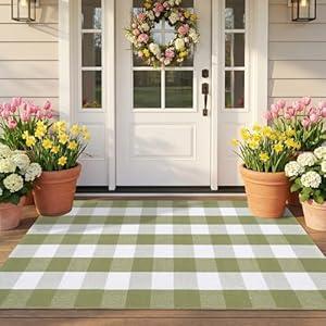 Spring Green and White Plaid Rug, 3' x 5' Cotton Blend Layered Doormat Rug for Front Door, Hand-Woven Washable Entryway & Porch Decor