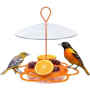 Nature’s Way Multi-Station Oriole Feeding Center with Ant Moat & Weather Baffle, Metal & Plastic Wild Bird Feeder, 12 oz Nectar Capacity, Orange