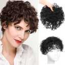Breathable Permanent Tight Curly Human Hair Topper With Bangs - Seamless Fluffy Short Clip-in Pieces for Women With Thinning Hair, Cover Grey, Add Volume (Black, Short)