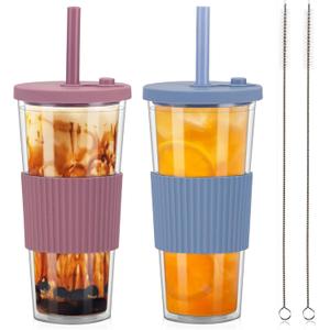 2 Pack Reusable Boba Tea Cups, 24oz Iced Coffee Cup with Straw and Lid, Leakproof Clear Plastic Cups Tumbler, Double Wall Insulated Smoothie Tumbler, Wide Straw for Bubble Tea, Pink and Blue (Grey Blue and Ash Rose)