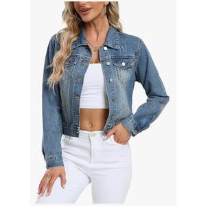 andy & natalie Women's Denim Jackets Cropped Long Sleeve Basic Button Down Crop Jean Shacket with Pockets Size XS