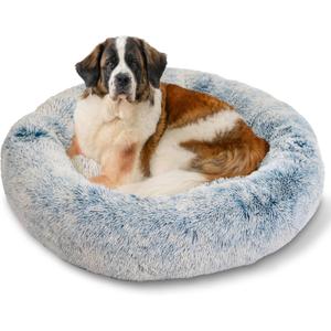 Best Friends by Sheri Original Calming Donut Dog and Cat Bed, Shag Faux Fur, Denim Blue, XL (45in x 45in) - Anxiety Relief for Pets Up to 150 lbs