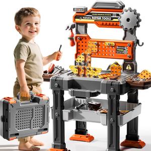 2 in 1 Workbench Tools Toys Set with Sound for Toddlers Aged 3-5, 145 PCS Educational Construction Mechanic Toolbox for Boys Girls, Pretend Play Toys Birthday Gift for Kids 3 4 5 6 Years Old, Large