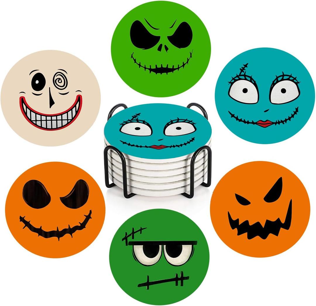 Happy Halloween Coasters Set of 4, Round Absorbent Ceramic Coaster, with Metal Holder and Cork Base, Spooky Face Monster Coasters for Coffee Table Home Decor Kitchen Housewarming Gifts