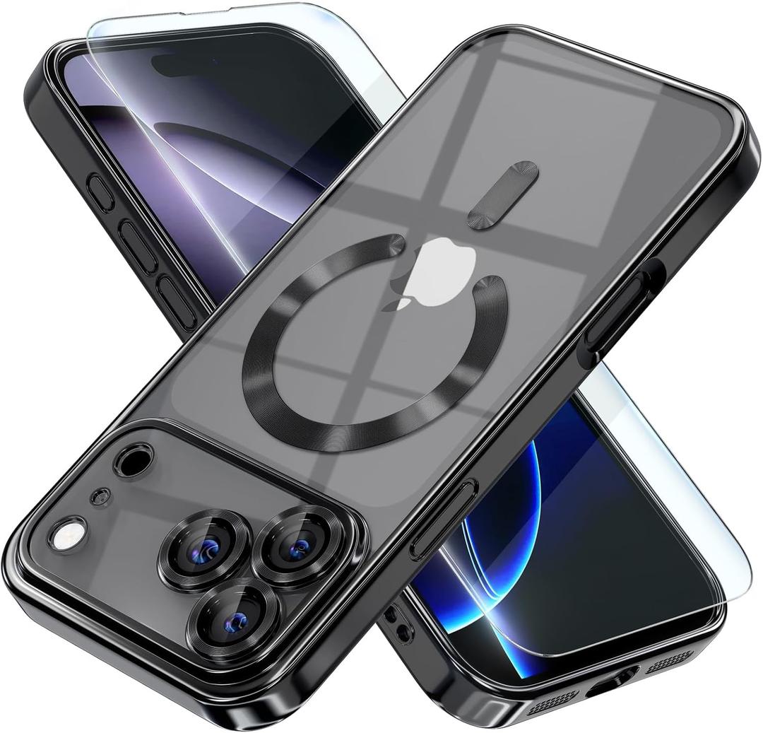 Misea Magnetic for iPhone 17 Pro Max Case Compatible with MagSafe [Never Yellowing] [Military Grade Drop Protection] Full Camera Lens Protector Plating Soft Clear Phone Case for Women, Black
