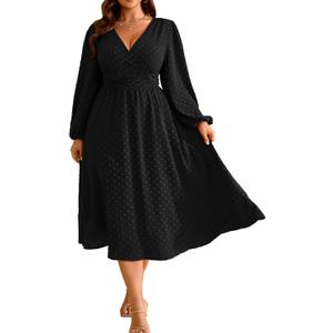 Women's Plus Size Fall Wedding Guest Dress V Neck Swiss Dot Long Sleeve (Black, XXL)