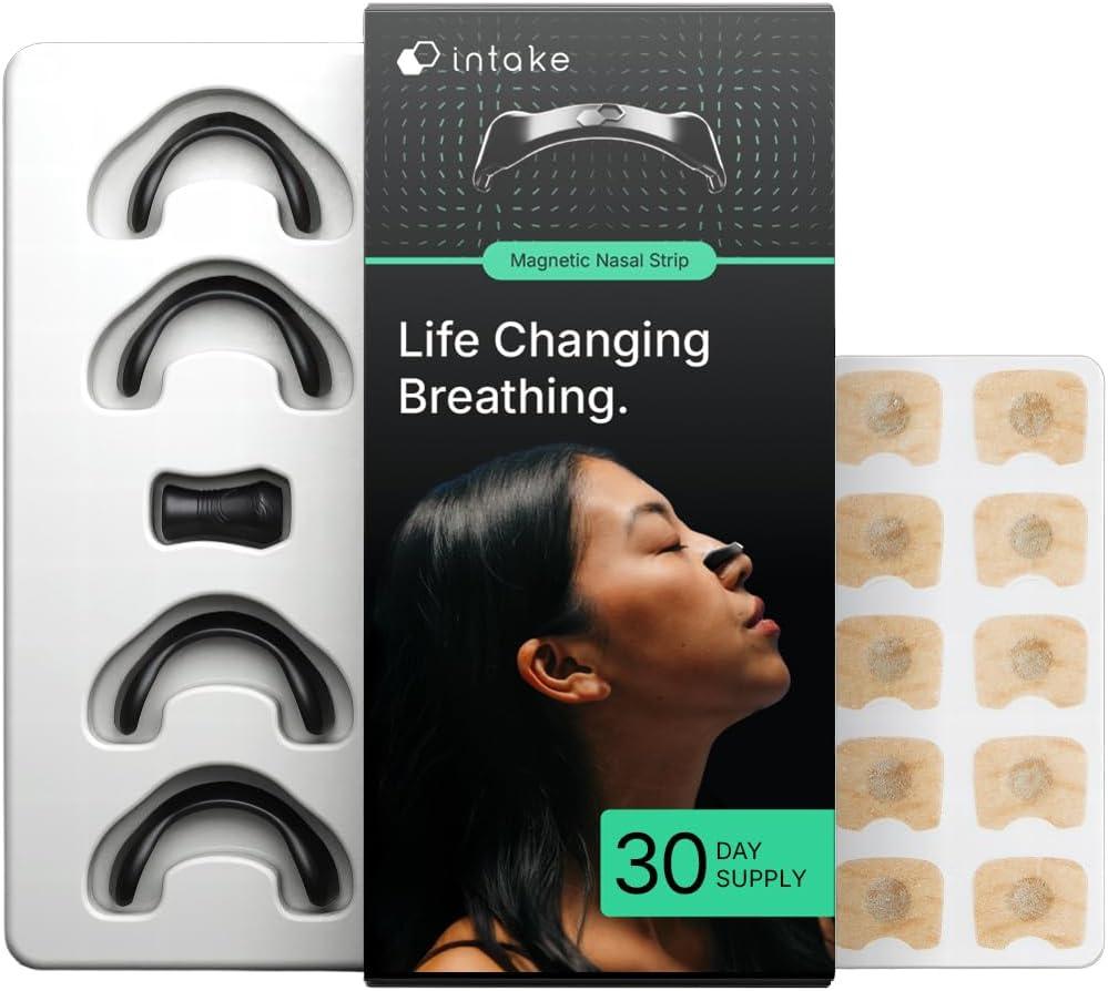 Intake Breathing Nasal Strip Starter Kit (30 Count, Black) - Boost Oxygen Intake, Reduce Snoring, Improve Sleep Quality - Sweat Resistant, Skin Safe Nasal Strips - Extra Strength Snoring Solution