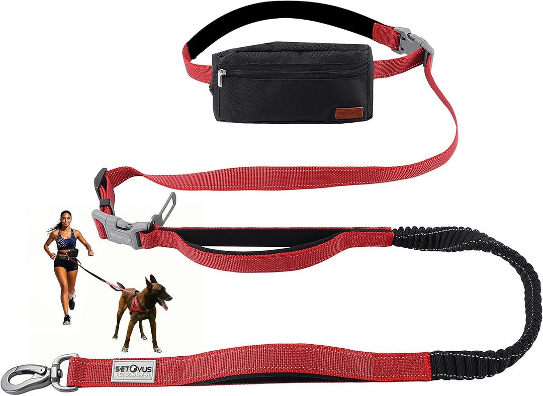 Hands Free Dog Leash with Zipper Pouch, Double Handle Running Reflective Bungee Waist Leash for Dog Walking, Training and Hiking for Small Medium Large Dogs (Red)