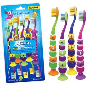 BrightWorks Kids Suction Cup Toothbrushes (10-Pack), Soft Bristles, with Bonus Fun Monster Stickers. Childrens Size, Vibrant, Multiple Colors