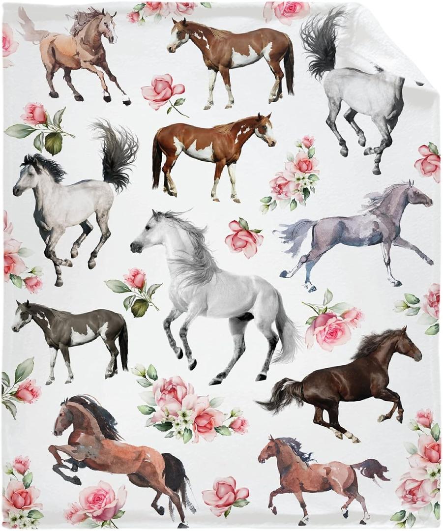 Horse Rose Throw Blanket Soft Flannel Fleece Velvet Plush Personalized Throws Fuzzy Warm Cozy Soft Bedding Blankets Anti-Pilling Pets 40"x30"