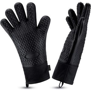 Comsmart BBQ Gloves, Heat Resistant Silicone Grilling Gloves, Long Waterproof BBQ Kitchen Oven Mitts with Inner Cotton Layer for Barbecue, Cooking, Baking, Smoker(Black)
