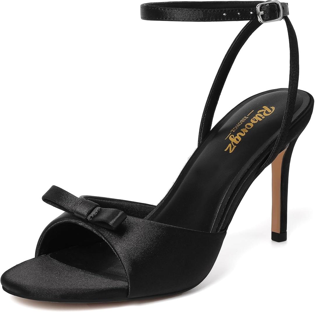 RIBONGZ Women's High Heels Round Open Toe Sexy Kitten Sandals Stiletto Heeled Pumps Ankle Strap Bridal Shoes with Bow Summer Wedding Party Casual Office Work (8, Black)