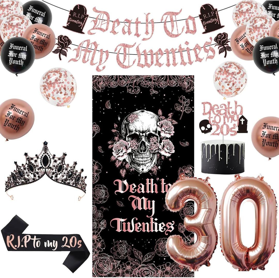 Vlipoeasn Death to My 20s Decorations for Her, Rose Gold Death to My Twenties Backdrop, Banner, Sash, Cake Topper and Balloons for 30th BirthdayDecorations, Dirty 30 Year Old Birthday Party Supplies