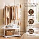 Solid Wood Clothes Rack with 2 Shelves & 4 Hooks for Hanging Clothes Garment Wallets Hats, White Clothing Rack Heavy Duty Coat Rack Freestanding with Storage Hall Tree for Hallway Bedroom Living Room