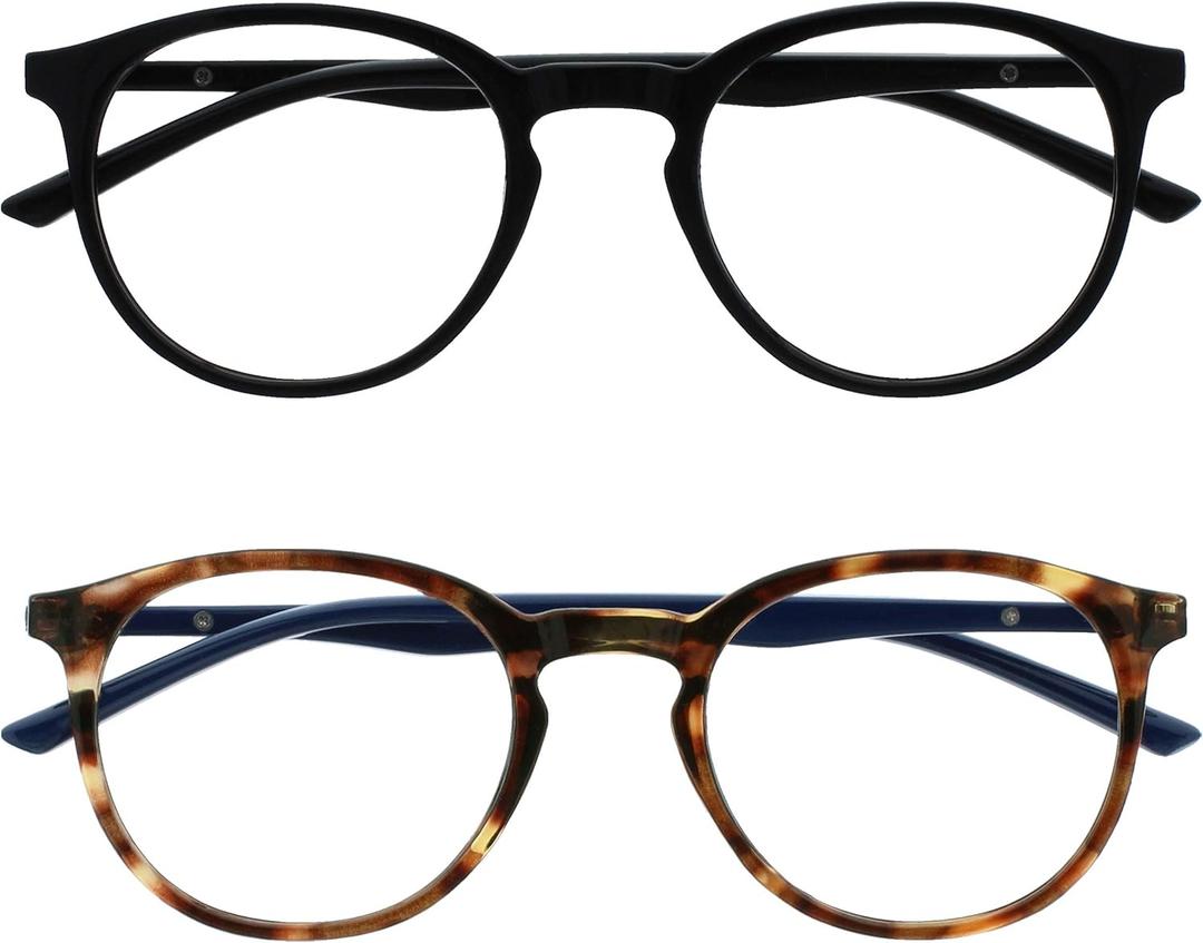 OPULIZE MET Blue Light Blocking Reading Glasses for Women Men, Slim Round Frame with Scratch Resistant and Spring Hinges, Computer Glasses with Anti-Reflective, Black,Brown +1 (Pack of 2)