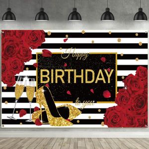 Sumind Happy Birthday Backdrop Red Glitter Roses Party Decor Black White Stripes Banner Gold High Heels Champagne Glass Photography Background for Women Birthday Party Supplies, 72.8 x 43.3 Inch