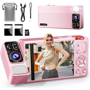 Digital Camera, 4K 64MP Cameras for Photography, 270Flip Screen Vlogging Camera, Autofocus, Flash, 18X Zoom, 2 Batteries, 64GB Card, Point and Shoot Digital Cameras for Kids Teens, Pink