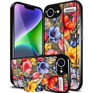 Compatible for iPhone 16e Case Cute with Strap Stand Finger Kickstand, Designer Cool Silicone Cases Funda Cover - Red Dark Florals Flowers