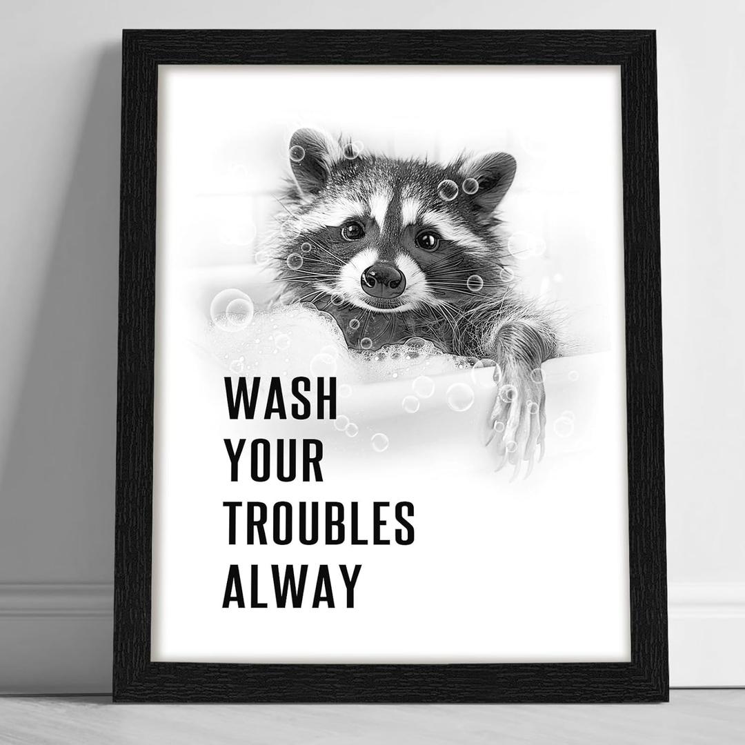 arteWOODS Funny Raccoon Bathroom Wall Art - Rustic Farmhouse Wall Decor with Humorous Quotes Black Framed Print Artwork Cute Animal Pictures for Shower Toilet Restroom Kid's Washroom 8x10 Inch