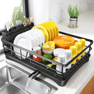 SNTD Dish Drying Rack for Kitchen Counter - Large Dish Rack with Drainboard, Rustproof Dish Drainer with Utensil Holder for Sink, Black
