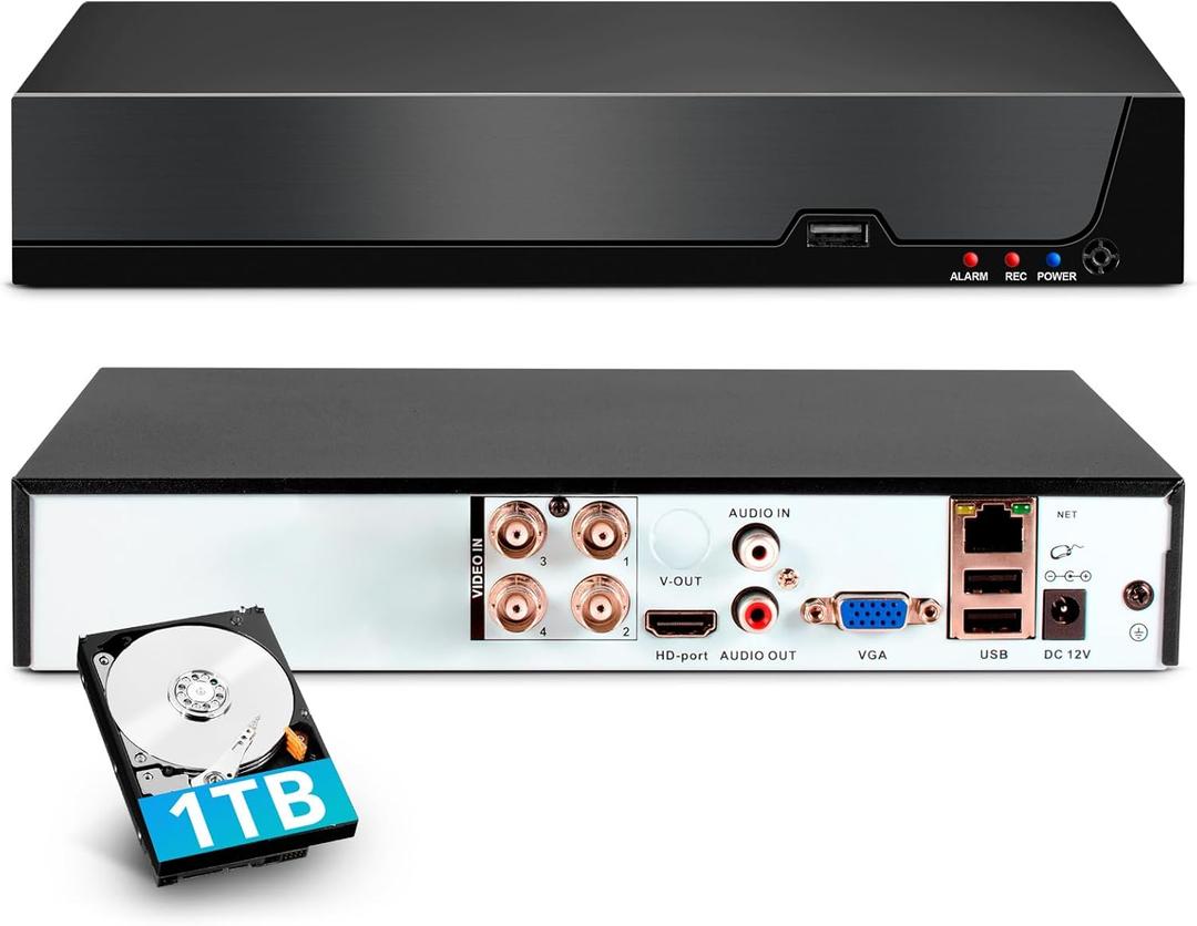 4 Channel DVR for Security Camera with 1TB Hard Drive, 4CH DVR Supports 5MP/4MP/1080P AHD/TVI/CVI/CVBS/IP Cameras, 24/7 Surveillance Recording,Human Detection,Remote Access