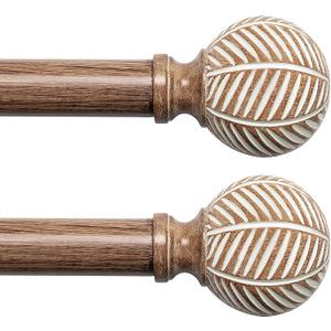 Wood Curtain Rods for Windows: 1 Inch Diameter Adjustable Drapery Rods 48" to 86", 2 Pack Heavy Duty Window Rod with Imitation Wood Grain Leaf Pattern Finials (48"-86"|2 PACK, Brown)