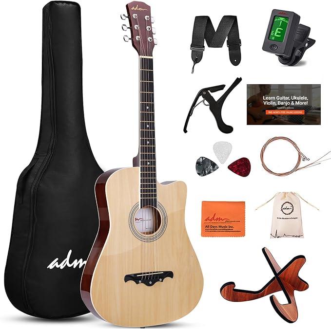 ADM 38" Inch Acoustic Guitar Bundle for Beginners Adults with Online Lesson, Cutaway Wood Acustica Guitarra Starter Set Package with Gig Bag, Strap, Steel Strings, Picks, Capos, Stand, Natural