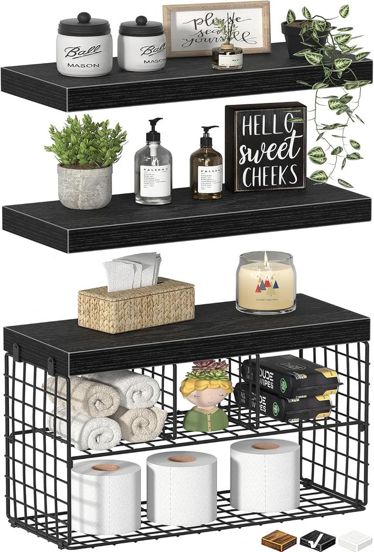 Bathroom Floating Shelves for Wall - Shelf Over Toilet Storage Small Farmhouse Decor Shelves (15.7 inch, Set of 3, Black)
