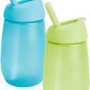 Munchkin Simple Clean Toddler Cup Set | Baby & Toddler Sippy Cups with Straw | BPA Free Non Spill Cup | Dishwasher Safe Baby Straw Cup | Leakproof Silicone Cups - 10oz/296ml | 2 Pack | Green/Blue