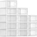 SONGMICS Shoe Boxes, Pack of 12 Shoe Storage Organizers, Stackable Clear Plastic Boxes for Closet, Sneakers, 13.1 x 9.1 x 5.6 Inches, Transparent and White ULSP12SWT