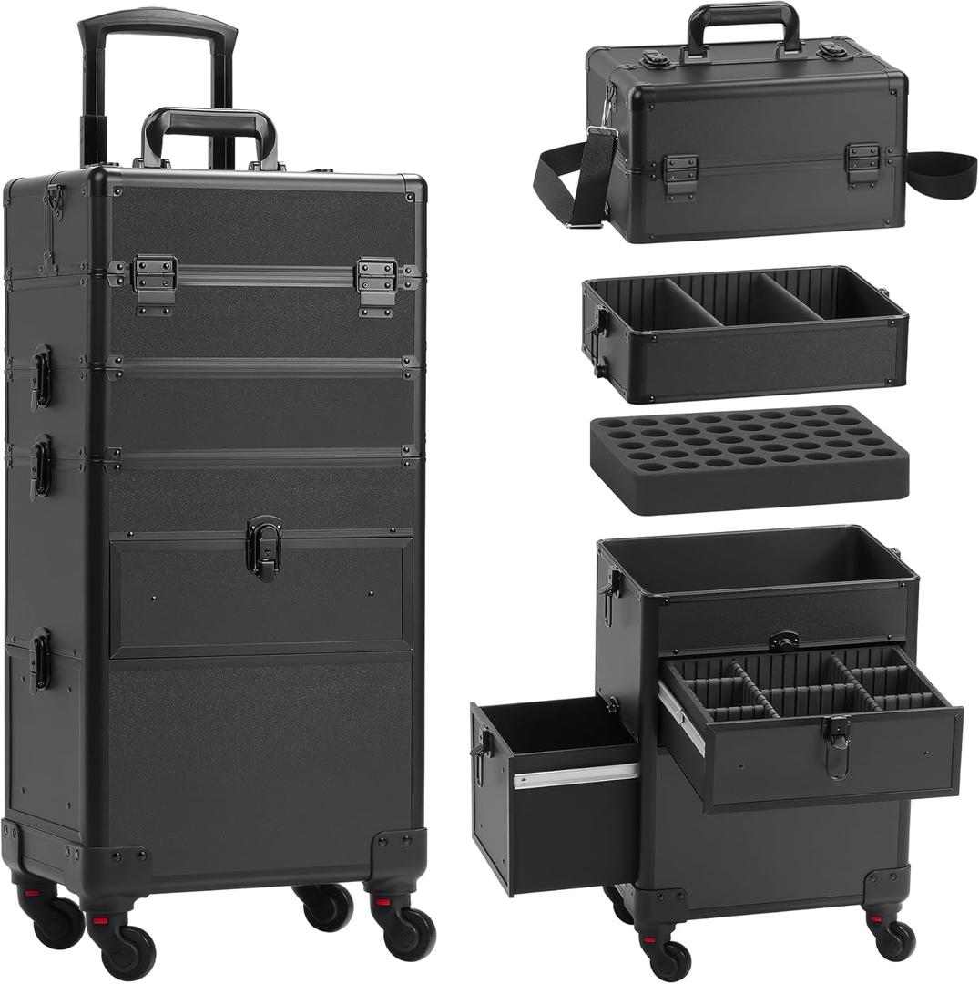 Somduy 4 in 1 Rolling Makeup Case on Wheels with Drawer and Professional Cosmetic Organizers for Salon Barber - Bright Black