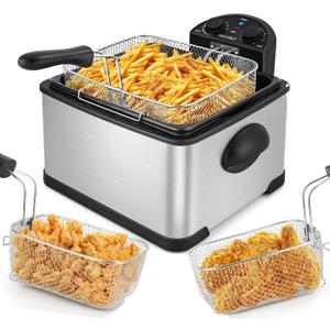 Secura 4 Liters / 17-Cup Stainless-Steel 1700-Watt Electric Deep Fryer with Timer Free Extra Odor Filter, Triple Basket, 4.5 Quarts, Silver