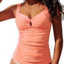 GRAPENT Tankini Tops for Women Twist Front Keyhole Bathing Suits Swim Tankini Swimsuits Padded Ruched Swimwear Top Only (Small, Peach Pink)
