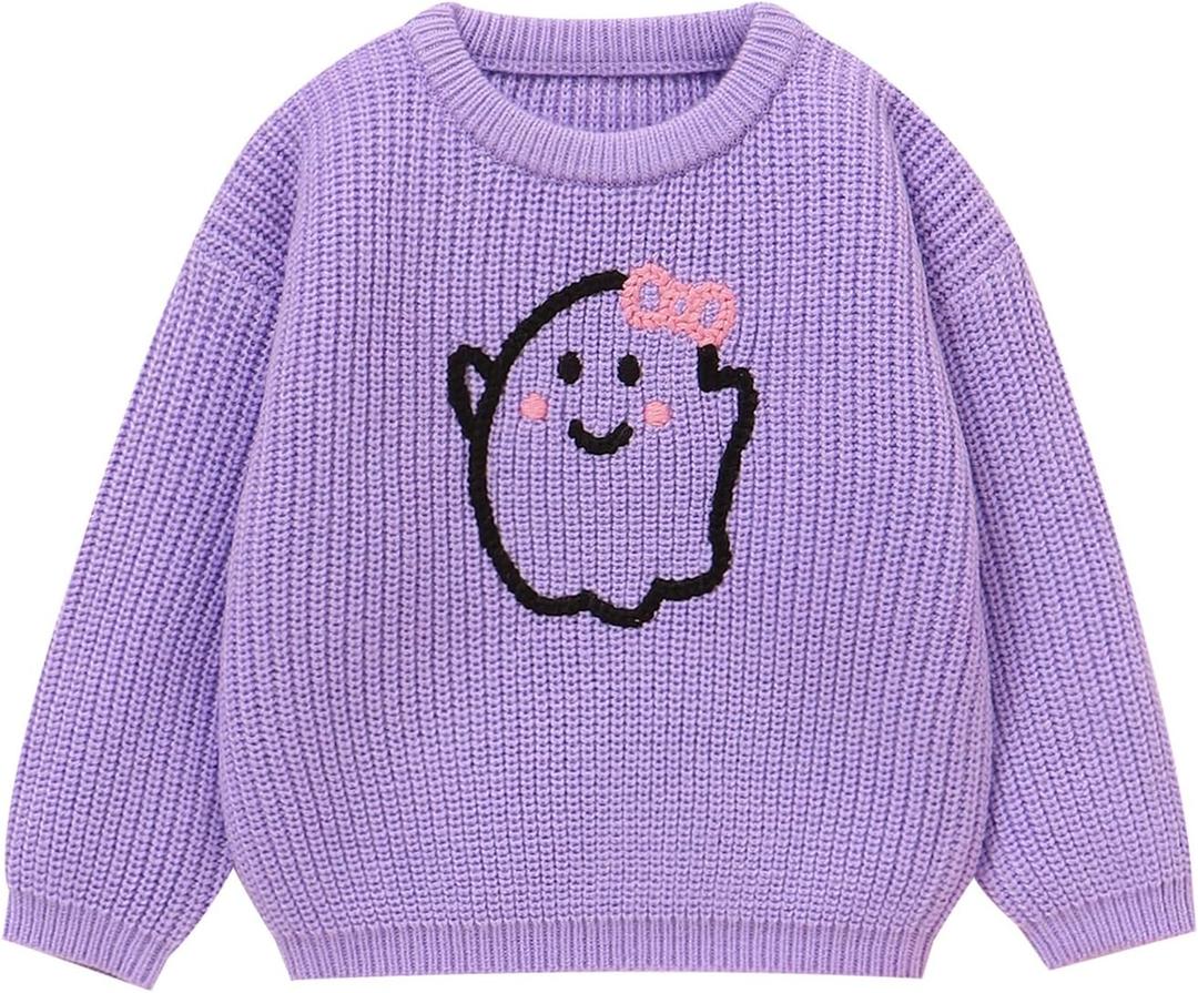 Toddler Girl/Boy Halloween Sweater Pumpkin Smile Embroidery Sweater Knitted Pullover Fall Winter Clothes (Purple)