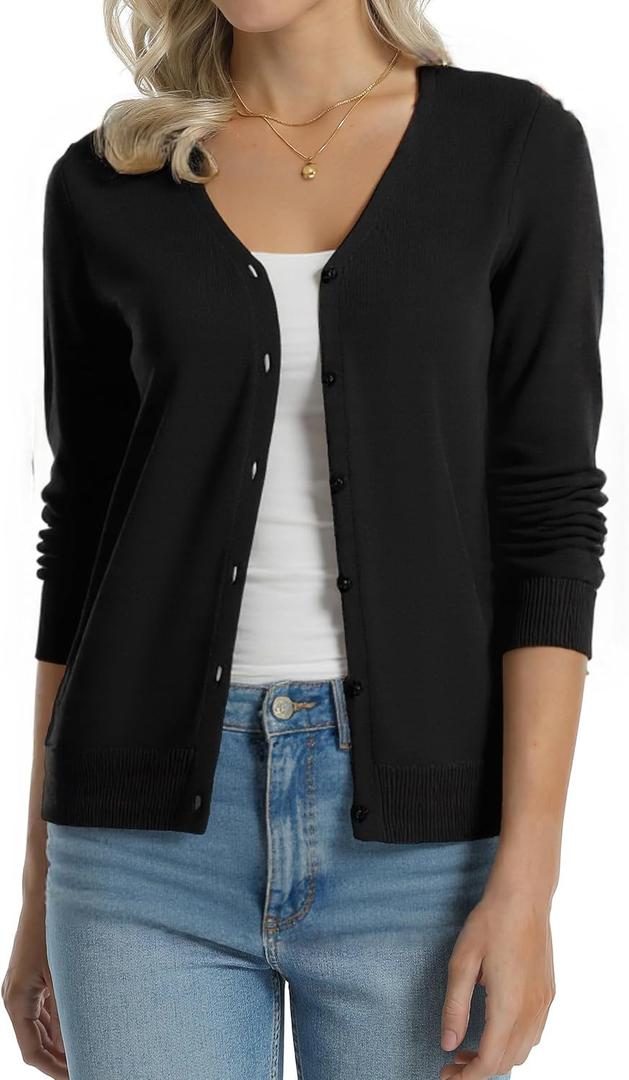 QUALFORT Women's 100% Cotton Lightweight Cardigans Long Sleeve Knitted Button Down Sweater (Large)