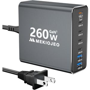 Aluminum Alloy 260W USB C Charger GaN Fast USB C Charging Station 7 Ports 65W Laptop Charger for MacBook Pro/Air/iPad Pro/iPhone (Gray)